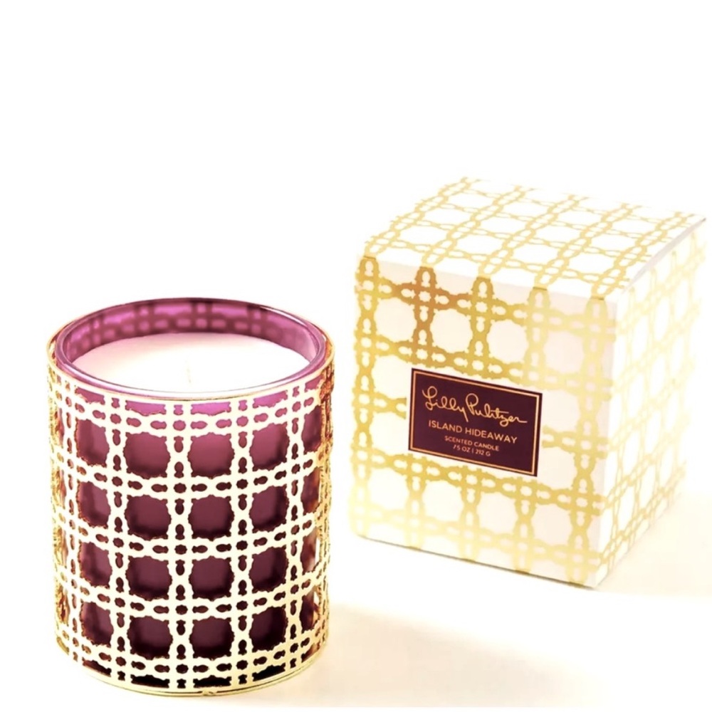 Lilly Pulitzer Island Hideaway Glass Candle With Gold Caning Amerena Cherry